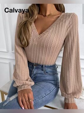 SHEIN Taupe V-Neck Ribbed Blouson Sleeve Sweater